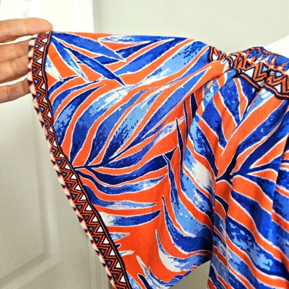 Flying Tomato Tropical Leaf Print Blouse XS Orange Blue Off Shoulder Boho Top - Picture 11 of 11